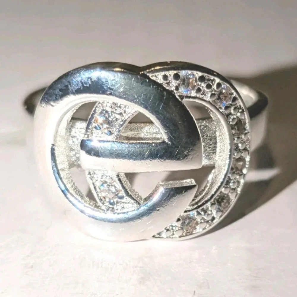 High Quality Women's CIRCLES Belt Buckle SIGNATURE Zirconia 925 Silver Ring Sz 8